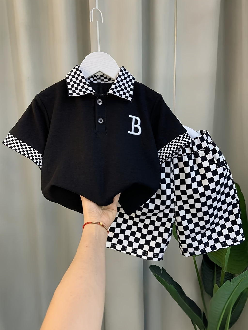 2Pcss Set of Baby/Boy Casual Outfit, Suitable for Spring Summer Boy 2Pcss Set, Solid Short Sleeve Polo Shirt And Elastic Checkered Shorts, Very Suitable for Outdoor Activities, Suitable For, Sports, Daily Wear, Outing