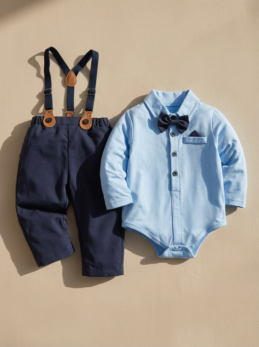 Two-piece set for boys: navy blue long-sleeved bodysuit with bow tie and adjustable overalls, suitable for summer, elegant occasions such as weddings, birthdays, and back-to-school events,fall and winter clothes