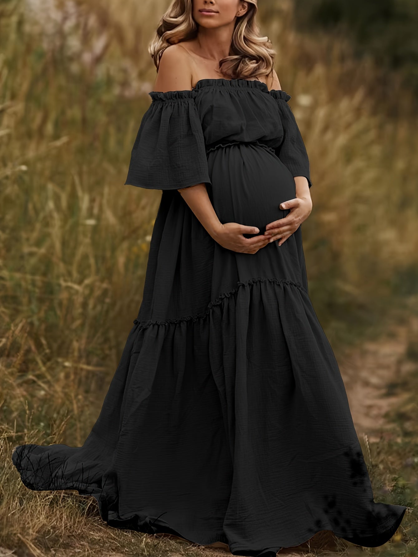 Matte Black Ruffled Tiered Maxi Off-The-Shoulder Maternity Dress, Elastic Waist That Won'T Constrict Bump, Wilderness-Style Healing Gown for Outdoor Shoots