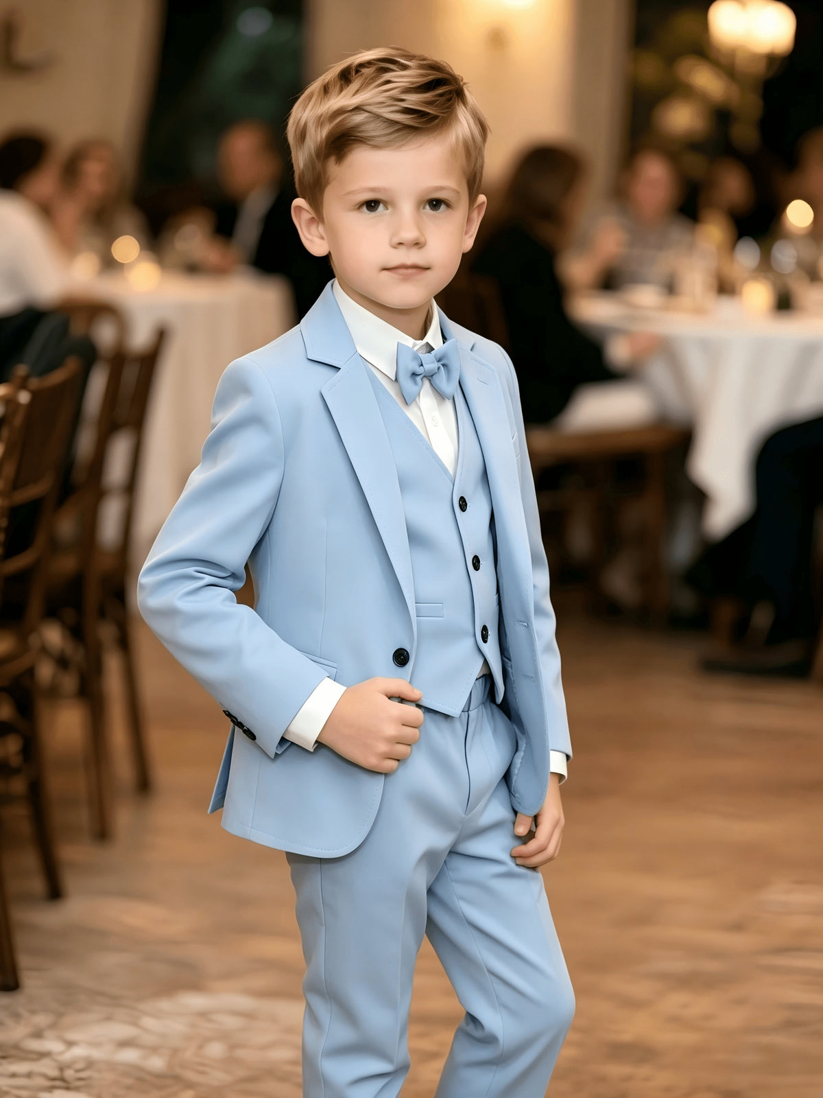 4pcs Young Boy Suit Set, Including Lapel Jacket, Light Blue Vest, Matching Bow Tie Shirt And Trousers, Suitable for Birthday Parties, Stage Performances, Daily Gentleman Outfits, Fall And Winter Clothes