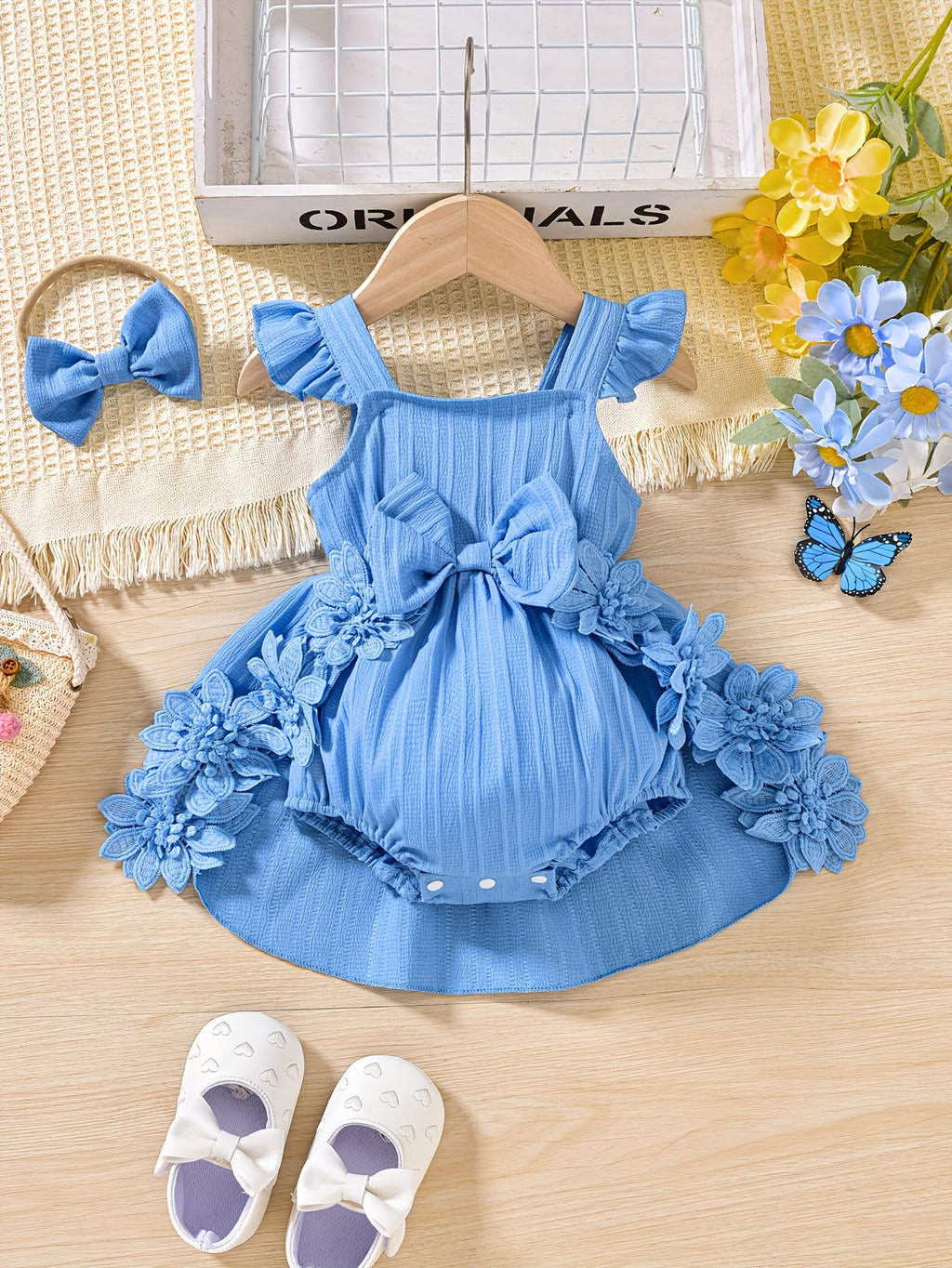 Baby Girl Romper Dress with Lace Trim and Straps