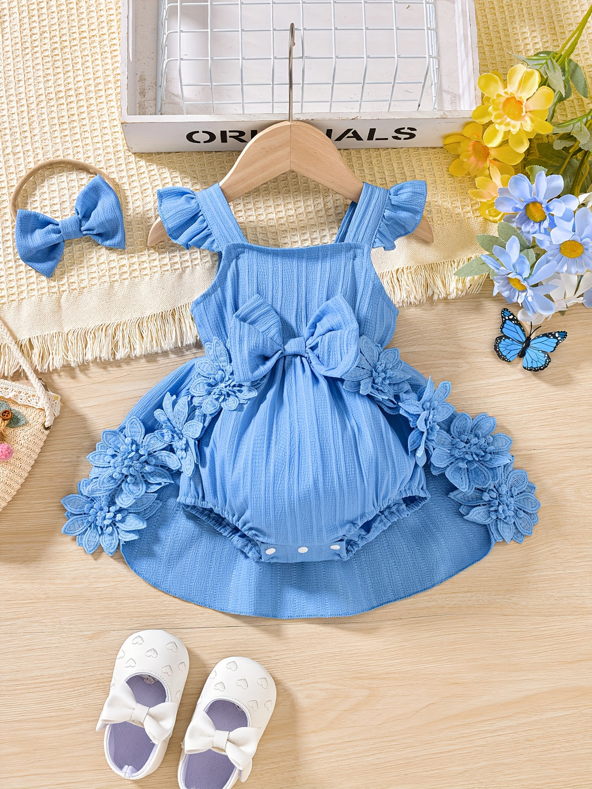Baby Girl Romper Dress with Lace Trim and Straps