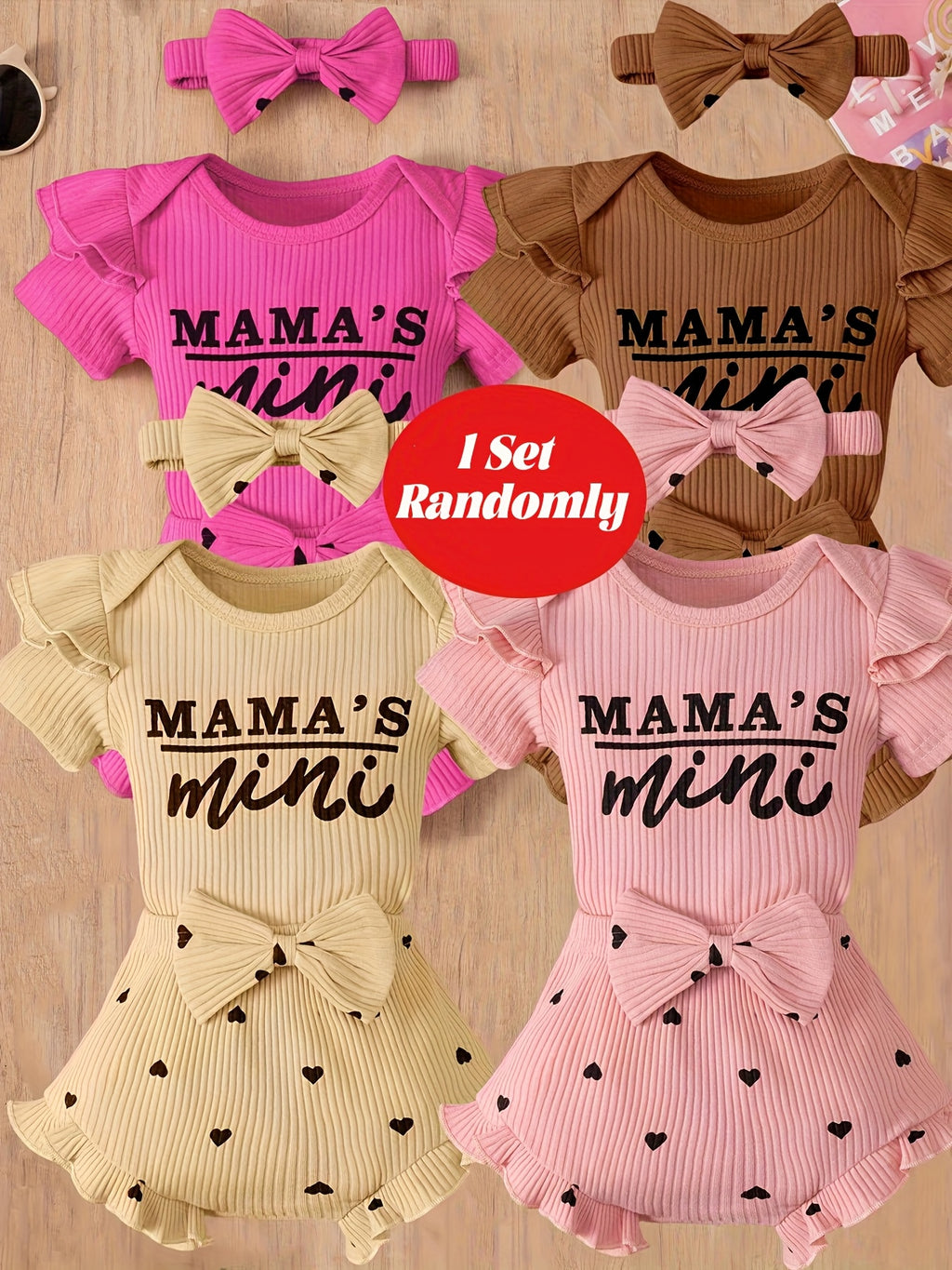 Baby Girls' Summer Romper Set with Bow and Heart Pattern