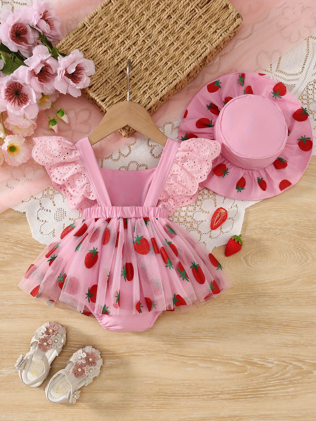 Baby Girl Pink Strawberry Print Bodysuit and Hat Set