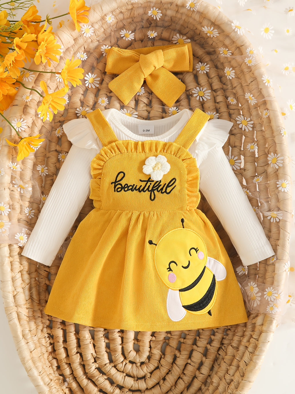 Girls' Autumn/Winter Sweet Daily Casual Long-Sleeve Ribbed Romper with Cute Embroidered Bee Bib Overalls Dress + Headscarf 3pcs Set, Perfect for Outdoor
