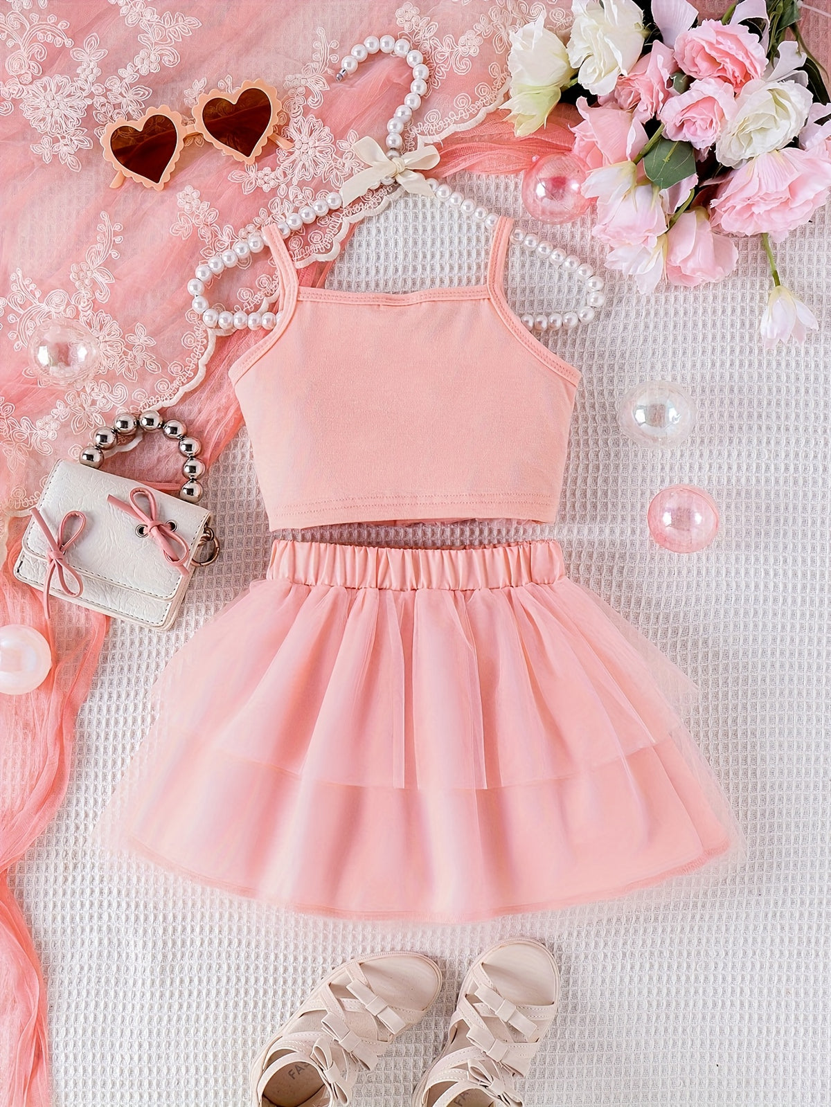 Girls Floral Top and Mesh Skirt Set with 3D Flowers