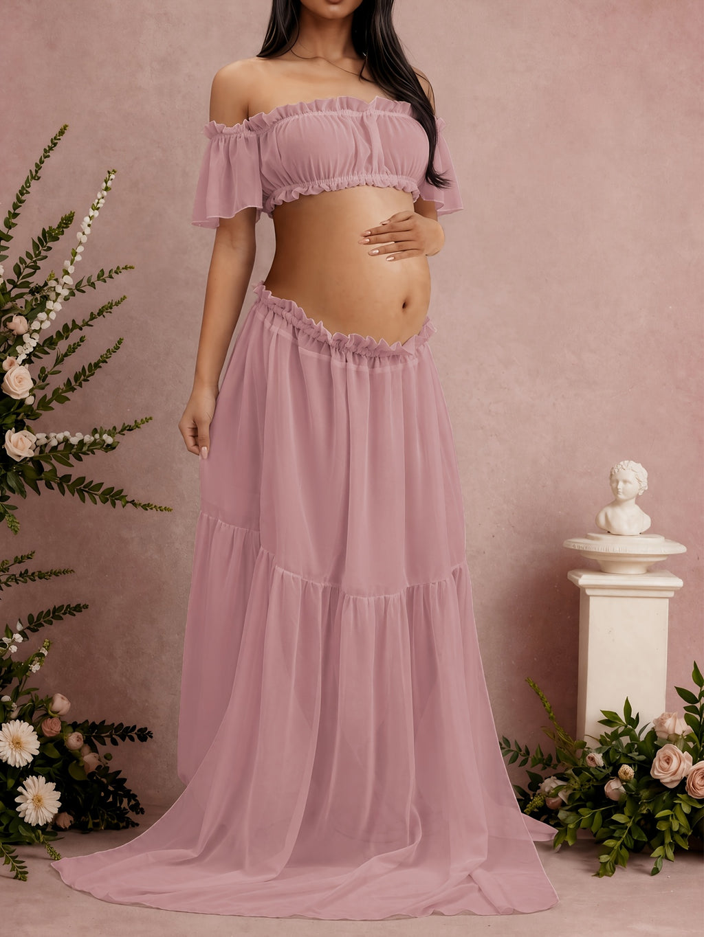 Off-Shoulder 2pcs Maternity Set, Non-Stretch Woven Ruffled Crop Top And Train Maxi Skirt, High-Waist Long Dress for Maternity Photoshoot, Light Pink Pregnancy Outfit for Banquets And Party Shooting