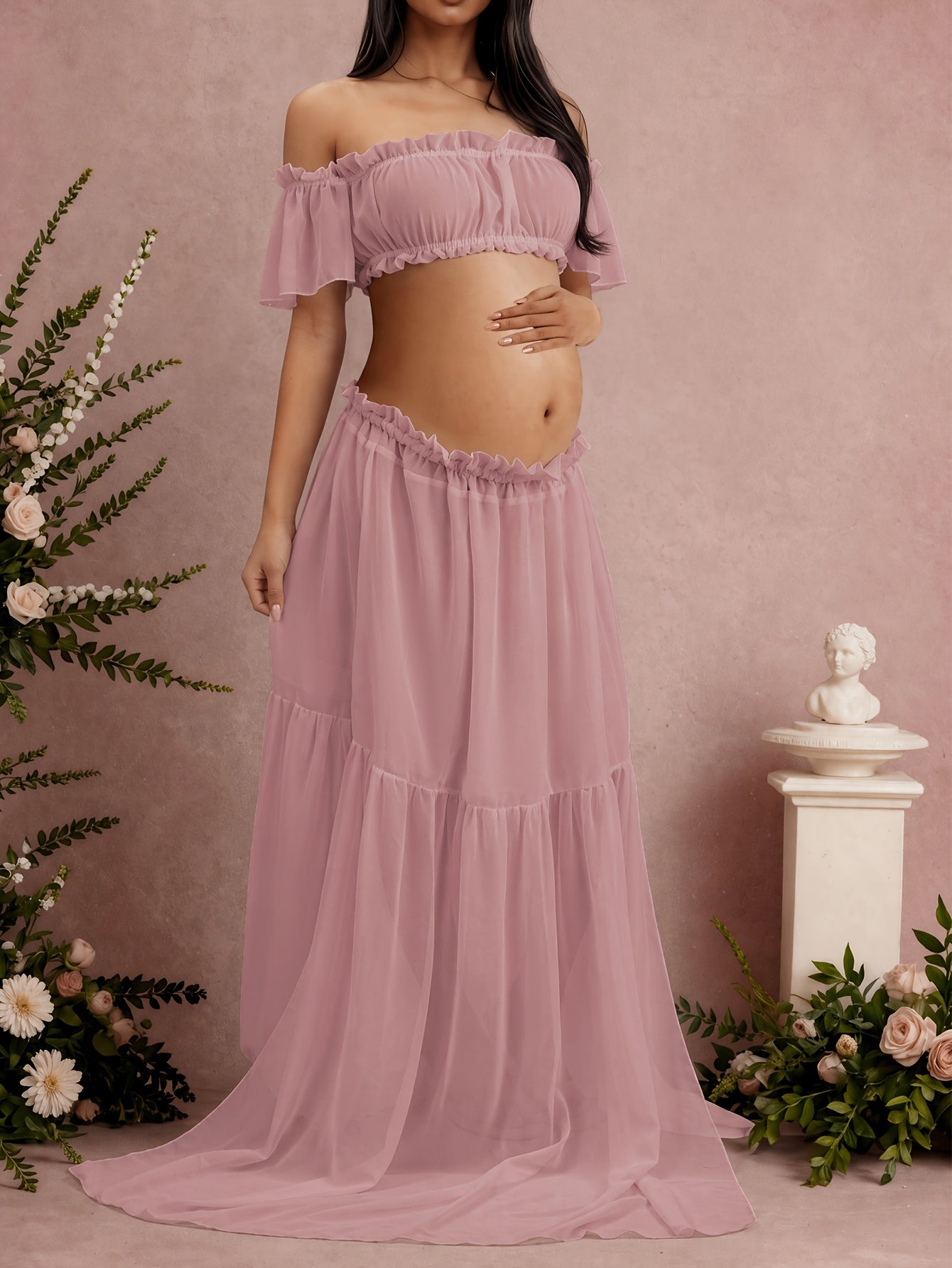 Off-Shoulder 2pcs Maternity Set, Non-Stretch Woven Ruffled Crop Top And Train Maxi Skirt, High-Waist Long Dress for Maternity Photoshoot, Light Pink Pregnancy Outfit for Banquets And Party Shooting