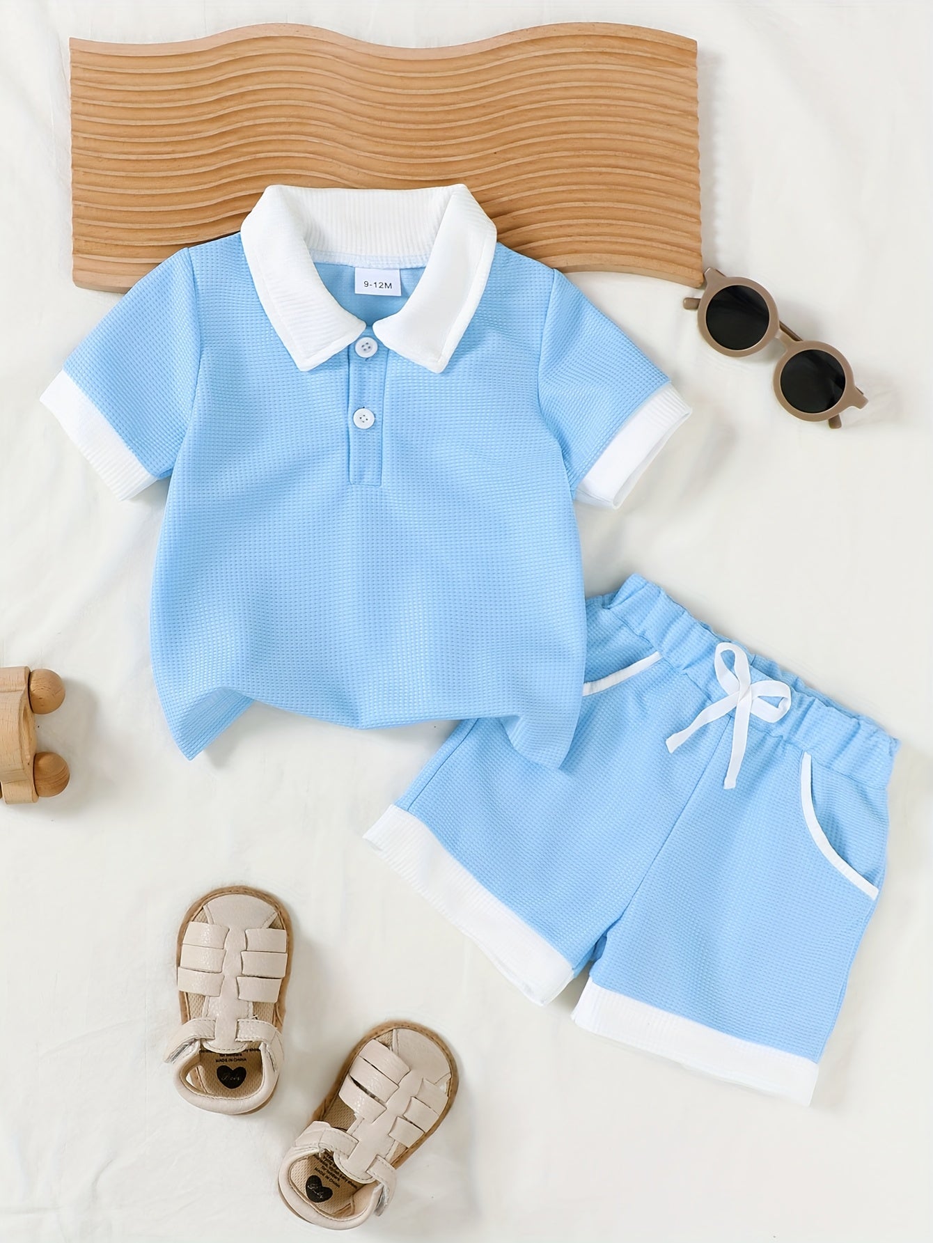 Summer Preppy Style Baby Boy Light Blue Contrast Set Polo Collar Commuter Short Sleeve And Pocket Shorts 2pcs Outfit, for Outdoor