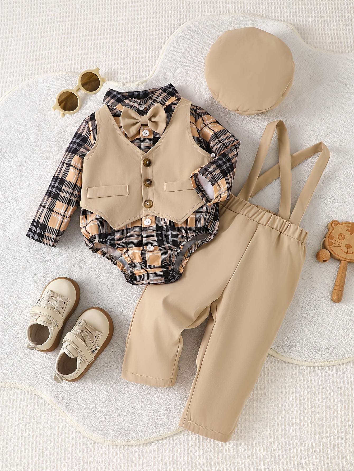 Baby Boy Casual Suit Set, Solid Vest, Plaid Jumpsuit Shirt, Solid Overalls Pants, Solid Beret Hat, Back-To-School Gift, Wedding Season Suit, Banquet Outfit Choice, Daily Streetwear