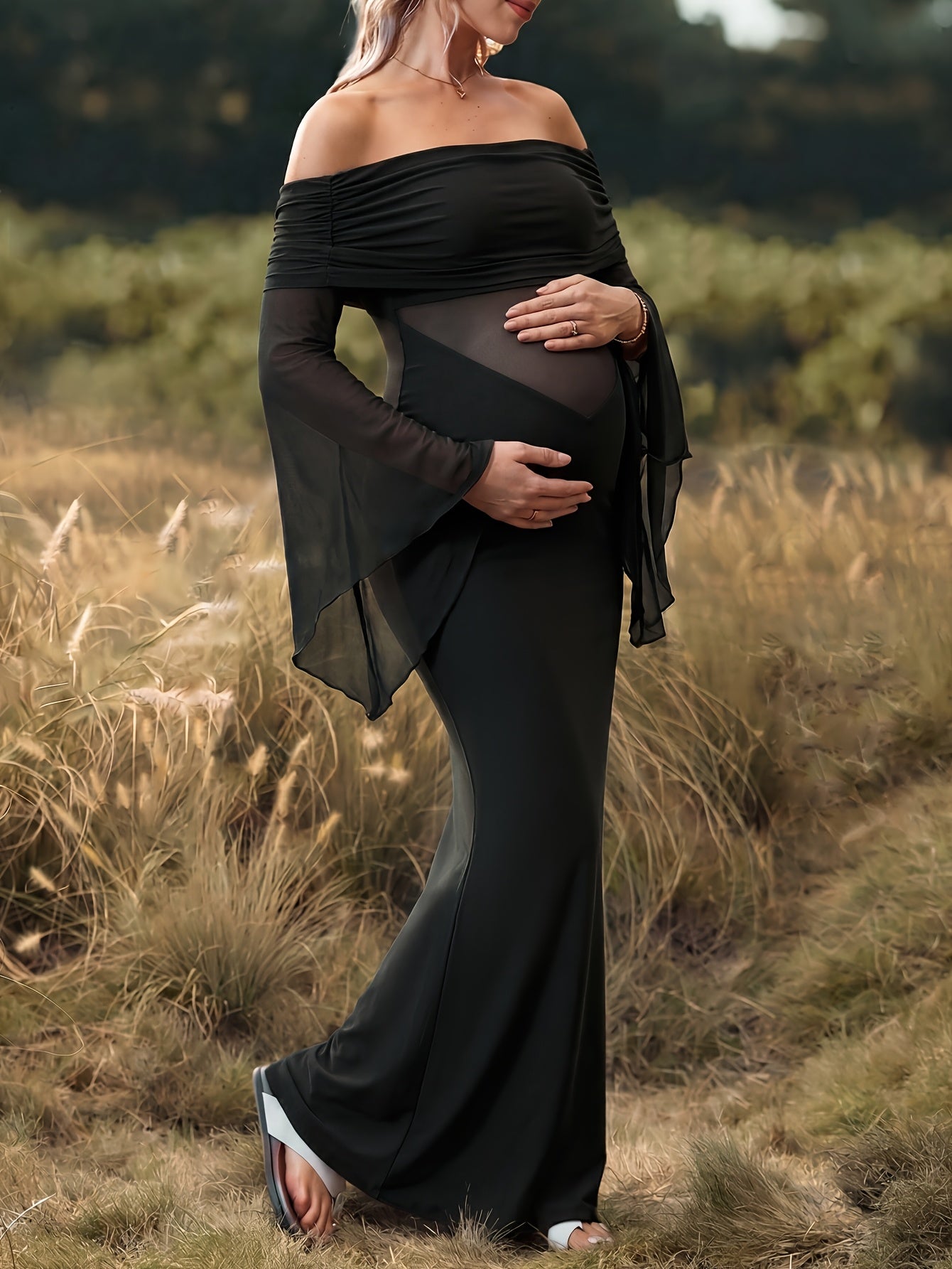 Off Shoulder Mesh See Through Maternity Mermaid Dress Long Sleeve Slim Pregnancy Photoshoot Gown