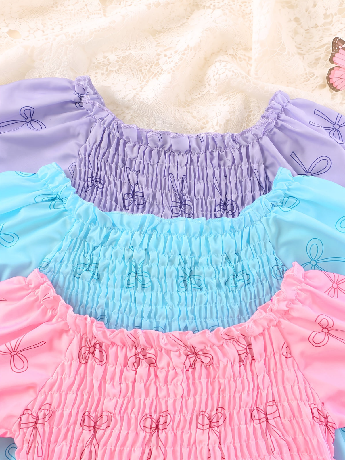 Girls Polyester Dress Set with Irregular Bowknot Print