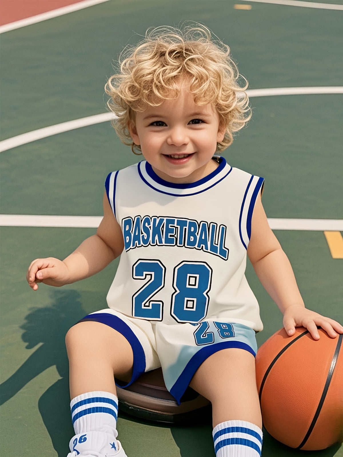 2pcs Infant Toddler Newborn Set, Athletic Style Basketball Number 28 Print, Contrast Ribbed Collar/Cuffed, Contrast Blue Patchwork Pants, Suitable for Outdoor Activities, Athletic Casual, Boys And Girls Clothes