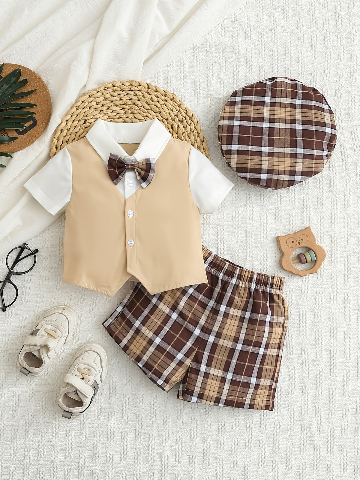 Boys' Plaid Shorts Set with Bow Tie and Matching Hat