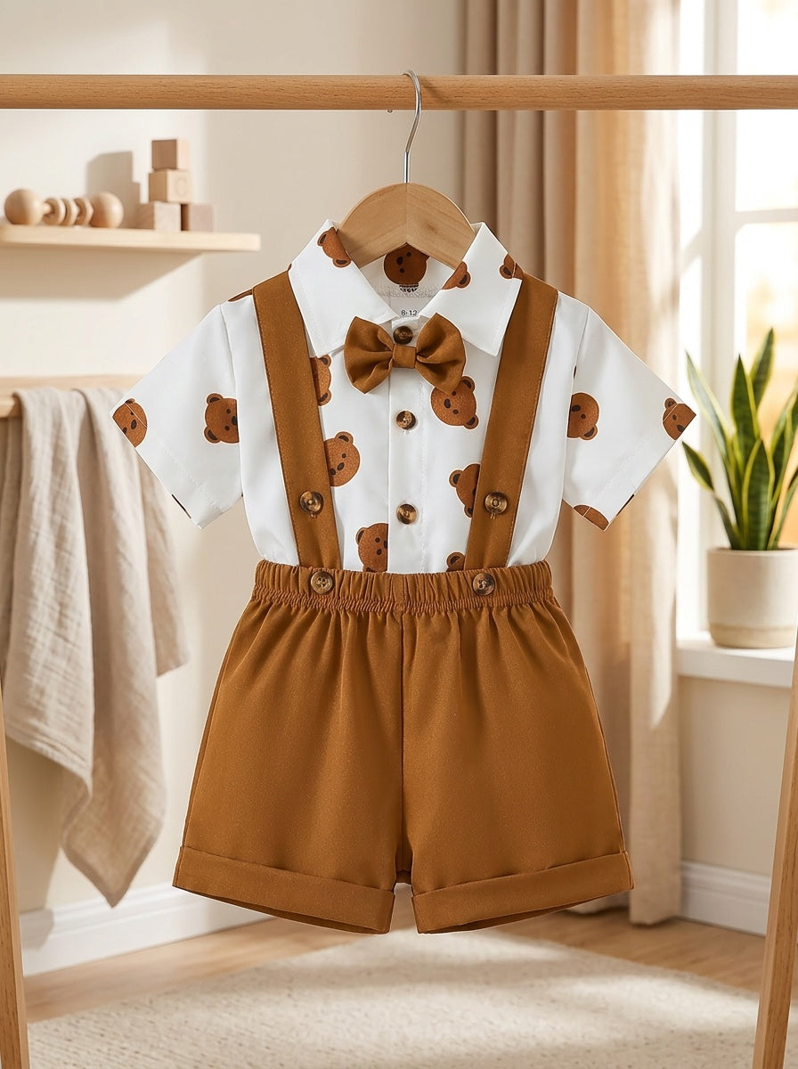 0-3 Years Old Baby Boy Spring Summer Loose Overalls Set, Cute Bear Head Full Print Lapel Open Front Shirt And Light Brown Overalls Shorts, Gentleman Style, Bow Decor, Suitable for Daily, Outdoor, Casual, Vacation, Party, Back to School, for Outdoor