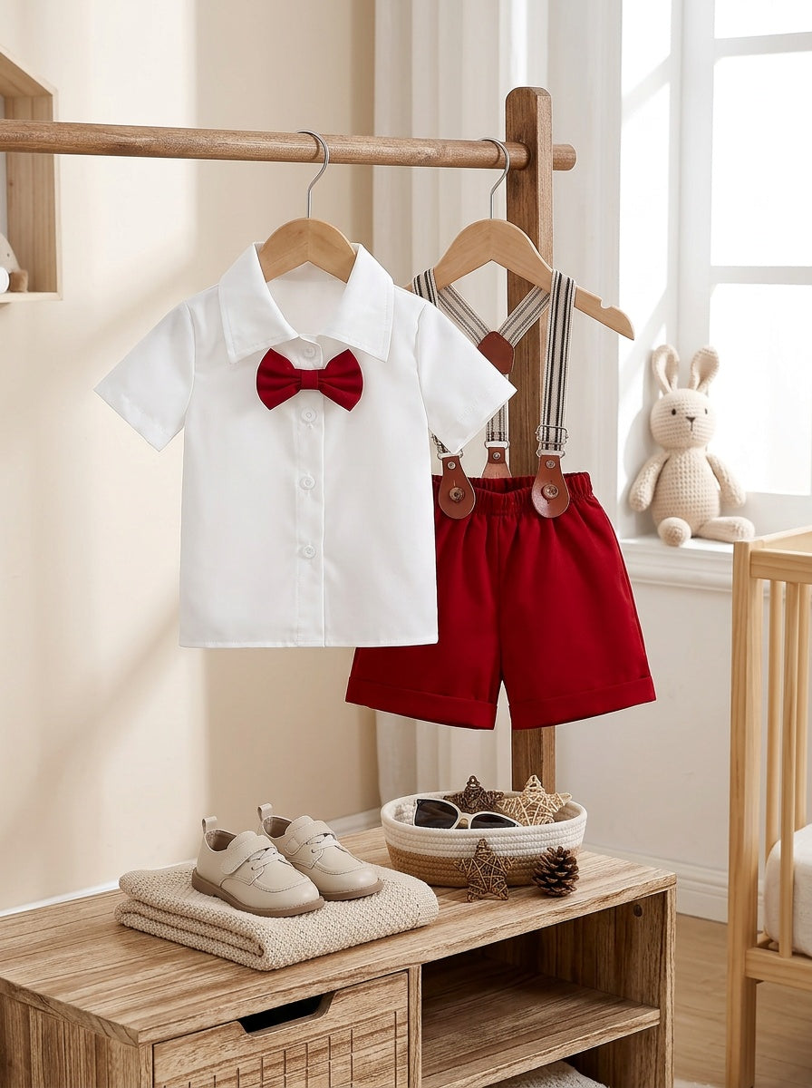 601099735229753Boys' Fashion Suit Set, Boys' Valentine's Day Outfit, Suit Formalwear, Boys' Products, Boys' Clothing, Boys' Summer Solid Color Versatile Stylish Short-Sleeve Shirt with Bow Tie and Suspenders Shorts, Suitable for Outings