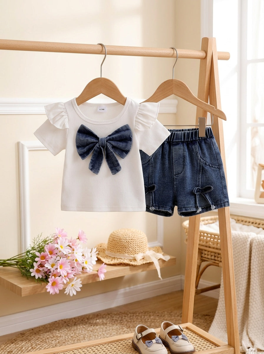 Baby Girl Summer Outfit with 3D Bow and Denim Shorts
