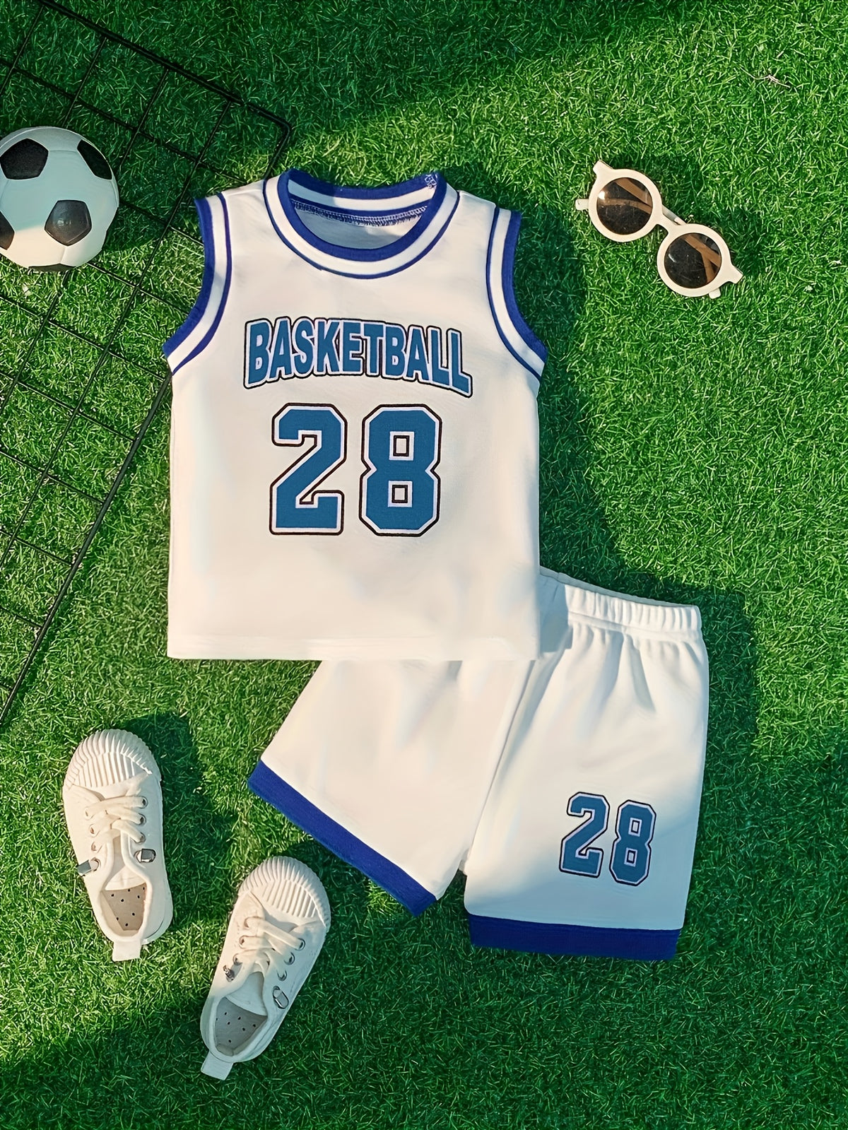 2pcs Infant Toddler Newborn Set, Athletic Style Basketball Number 28 Print, Contrast Ribbed Collar/Cuffed, Contrast Blue Patchwork Pants, Suitable for Outdoor Activities, Athletic Casual, Boys And Girls Clothes