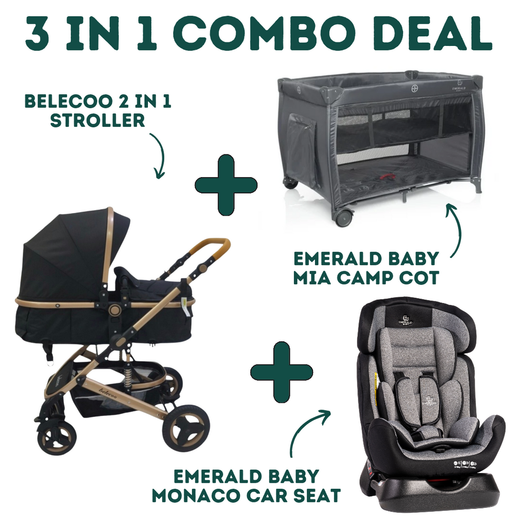 Emerald Baby Monaco Car Seat + Emerald Baby Sarah Camp Cot + Belecoo 2 in 1 Stroller (COMBO!)