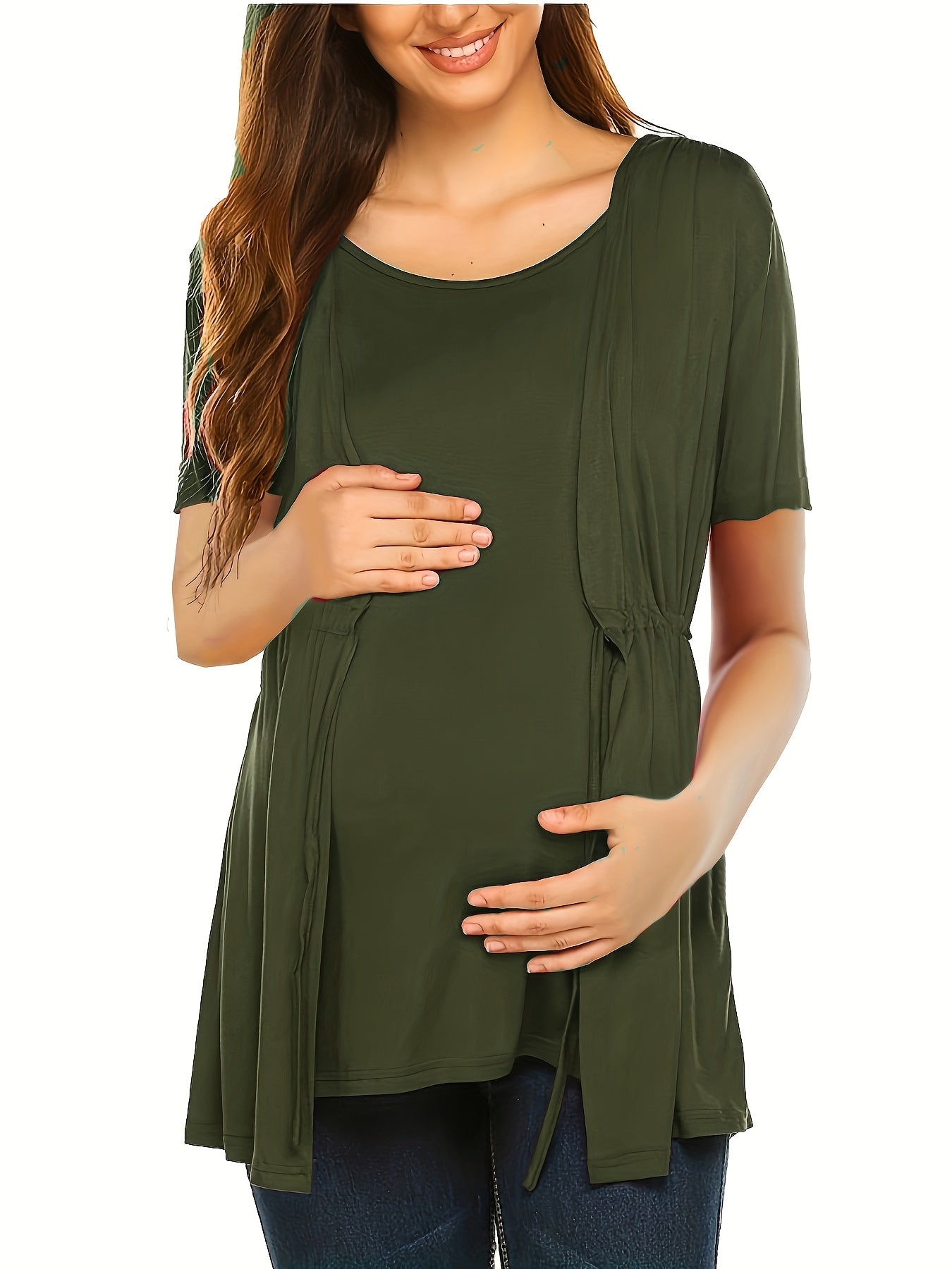 3pcs Short Sleeve Round Neck Tie-Front Nursing Maternity Top