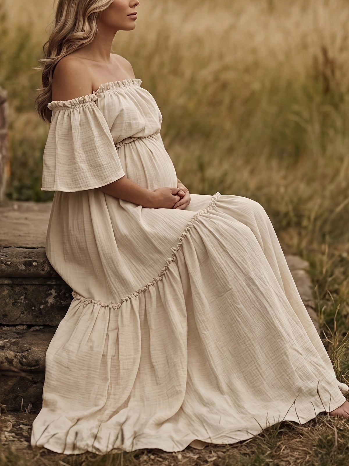 Maternity Off-Shoulder Maxi Dress Ruffled Tiered Flowing Long Gown with Train for Photoshoot Shower