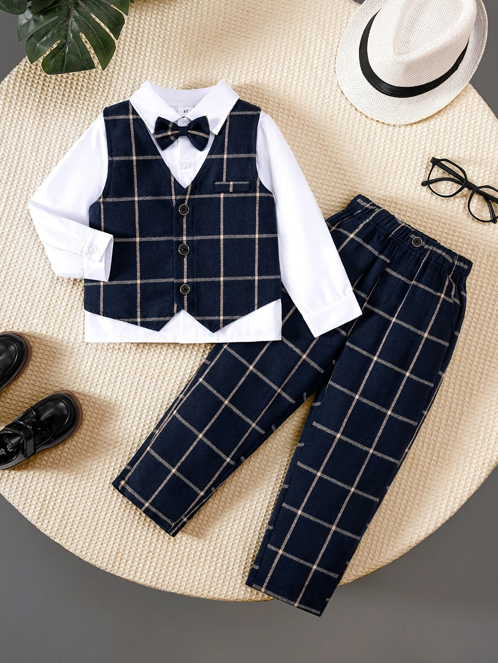 3pcs Toddler Gentleman Set: Navy Plaid Vest, Solid Color Collared Long Sleeve Shirt, Bow Tie And Elegant Trousers, Suitable for Parties, Weddings, Graduation Ceremonies And Other Formal Occasions