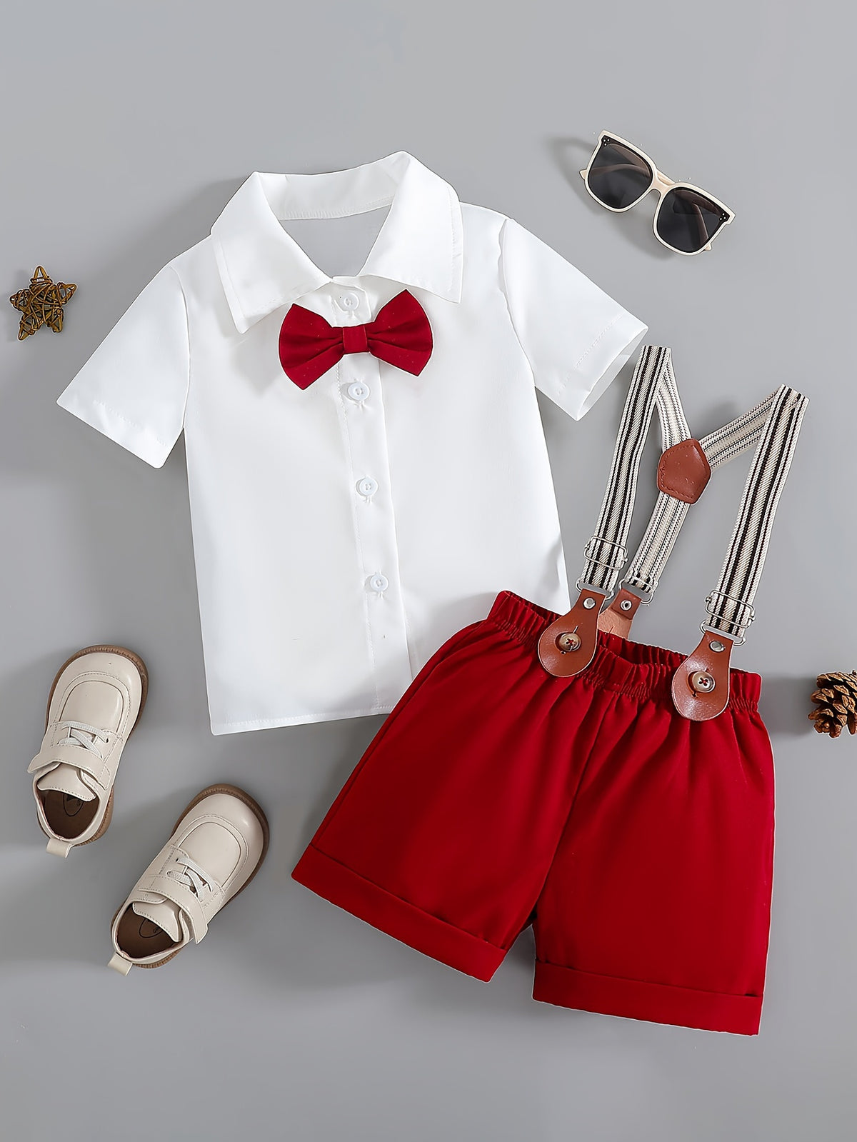 601099735229753Boys' Fashion Suit Set, Boys' Valentine's Day Outfit, Suit Formalwear, Boys' Products, Boys' Clothing, Boys' Summer Solid Color Versatile Stylish Short-Sleeve Shirt with Bow Tie and Suspenders Shorts, Suitable for Outings