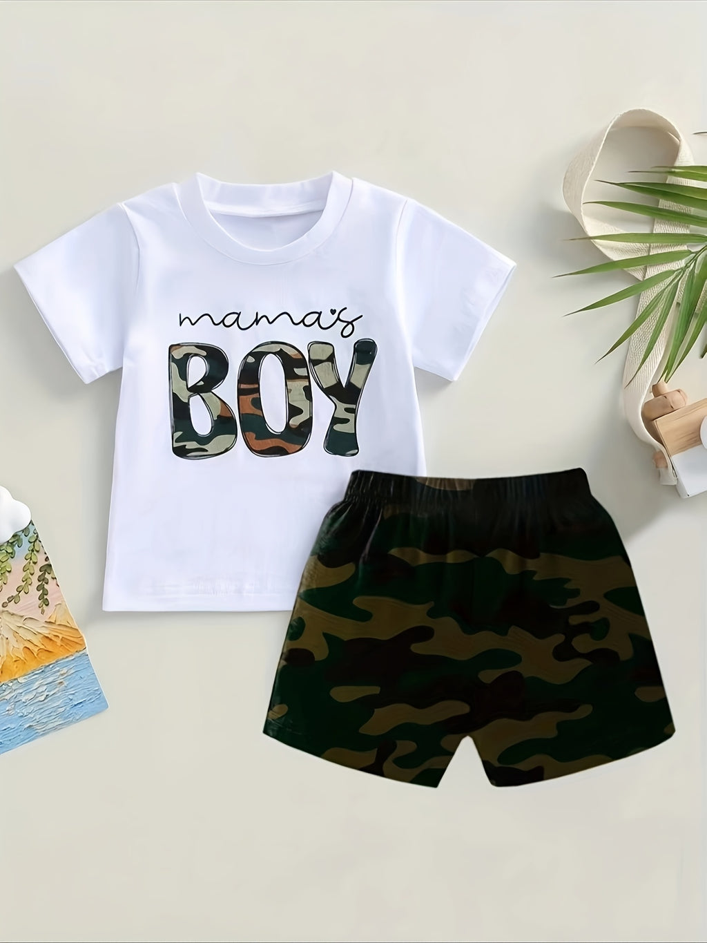 P101187 Boys' White Letter BOY Short Sleeve Top + Camouflage Shorts Set, Perfect for Outdoor