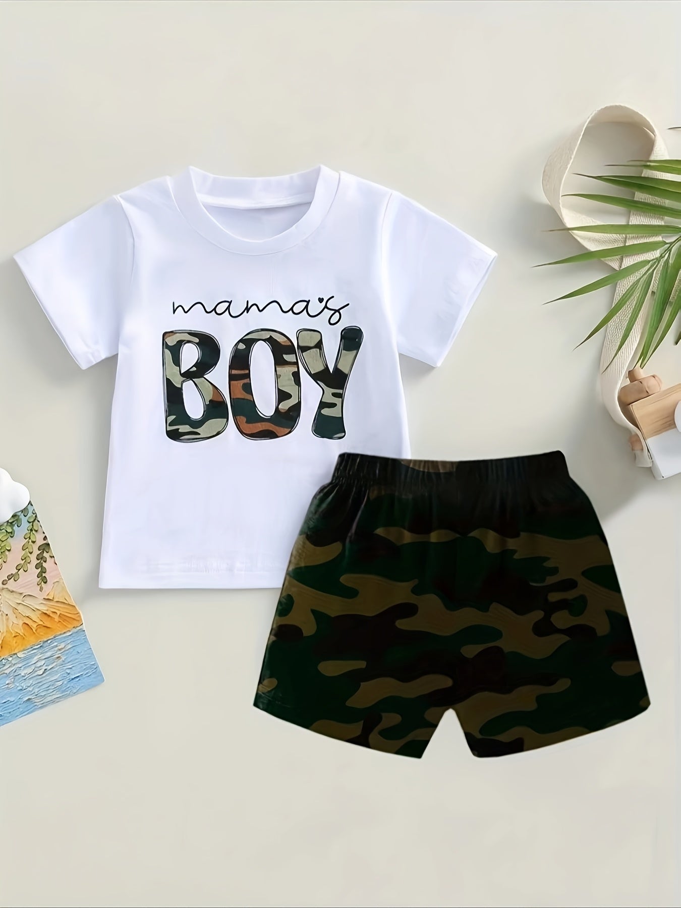 P101187 Boys' White Letter BOY Short Sleeve Top + Camouflage Shorts Set, Perfect for Outdoor