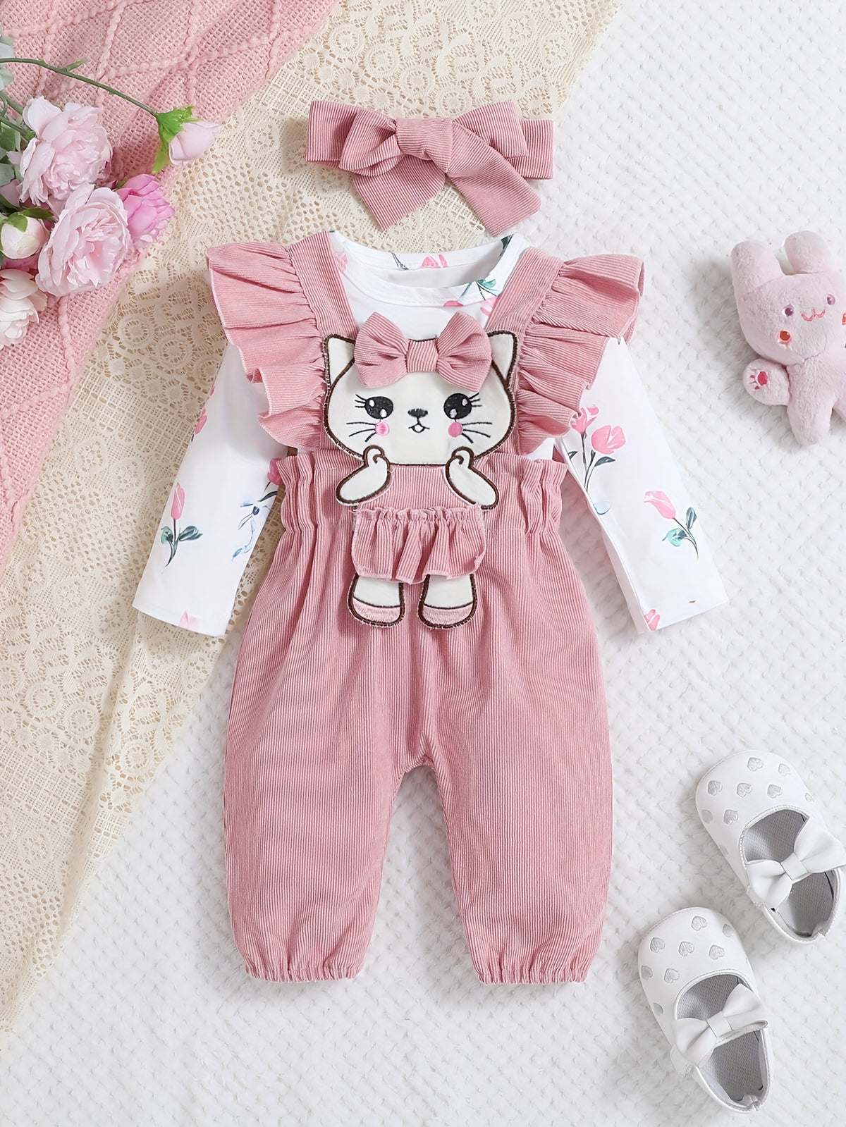 3pcs Infant Set, Floral Print Bodysuit