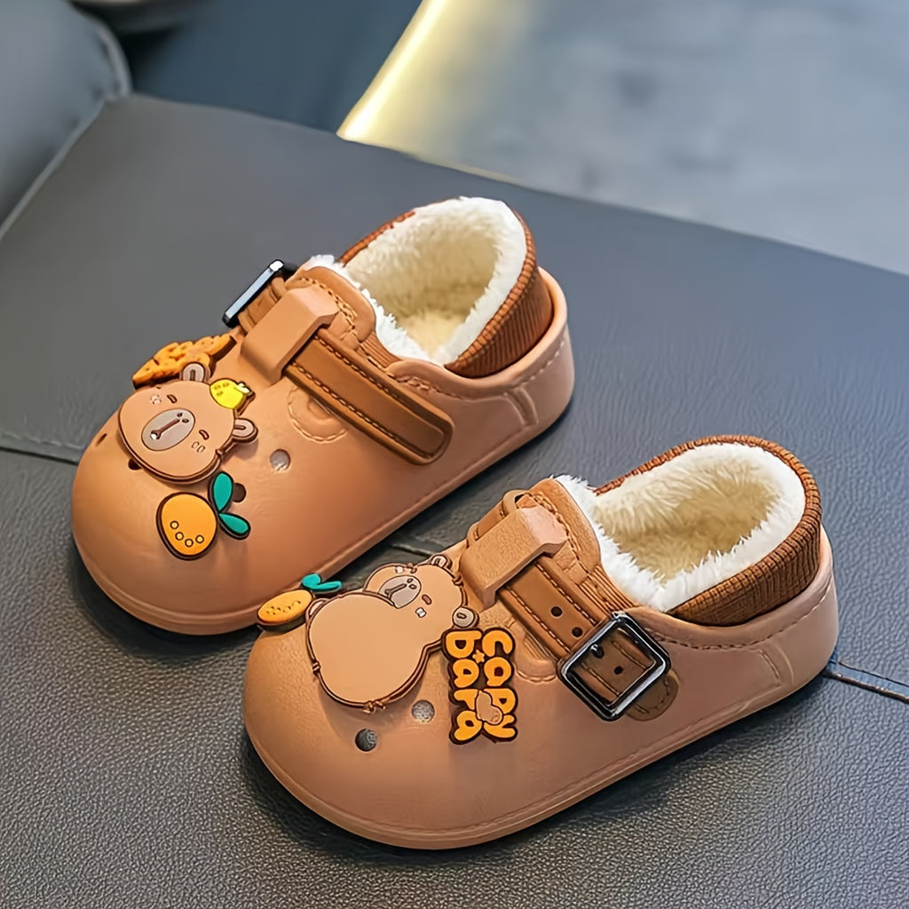 1 Pair of Double-card Capybara Children's Cute Cartoon Fashion -lined Warm Non-slip Slippers, Suitable for Indoor and Outdoor Use, Autumn and Winter Durable Round-toe, PVC Upper