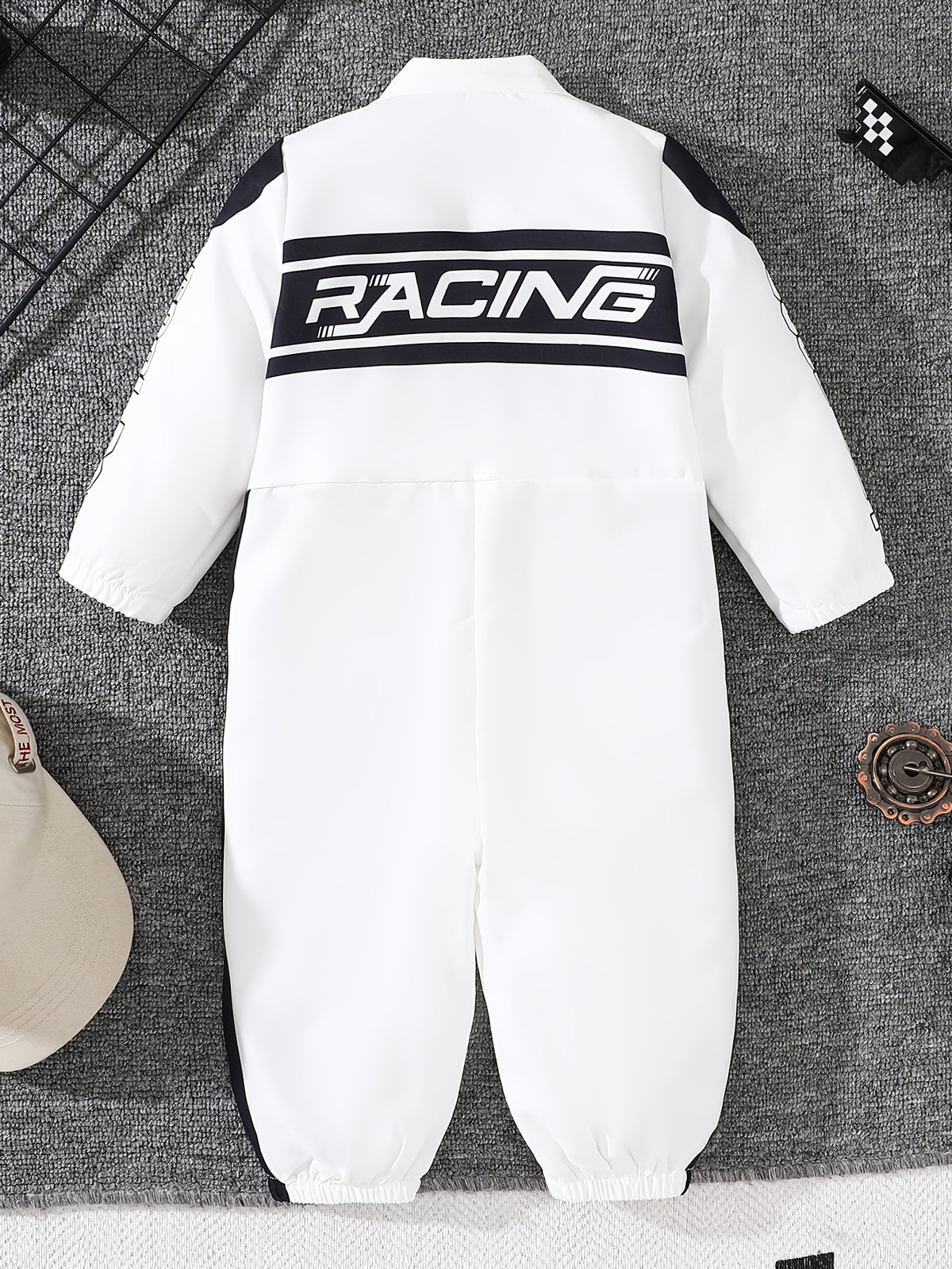 Boys' Racing Style 1pc Bodysuit, Spring/Autumn Black and White Color Block Zipper Romper, Stylish Outdoor Crawling Suit for Infants and Toddlers, Perfect for Outdoor