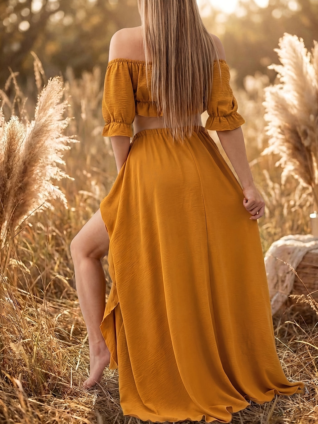 Maternity Off-Shoulder Two-Piece Set, Ginger Yellow Top Paired with High-Waist Split Long Skirt, Maternity Photoshoot Outfit, Elegant Solid-Color Maternity Gown Long Dress