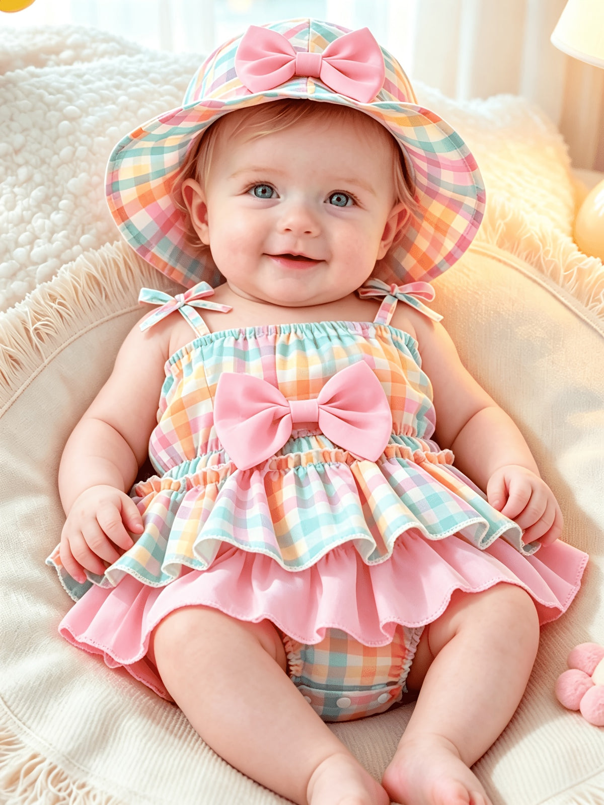 Baby Girl Plaid Suspender Dress Set With Bow Details