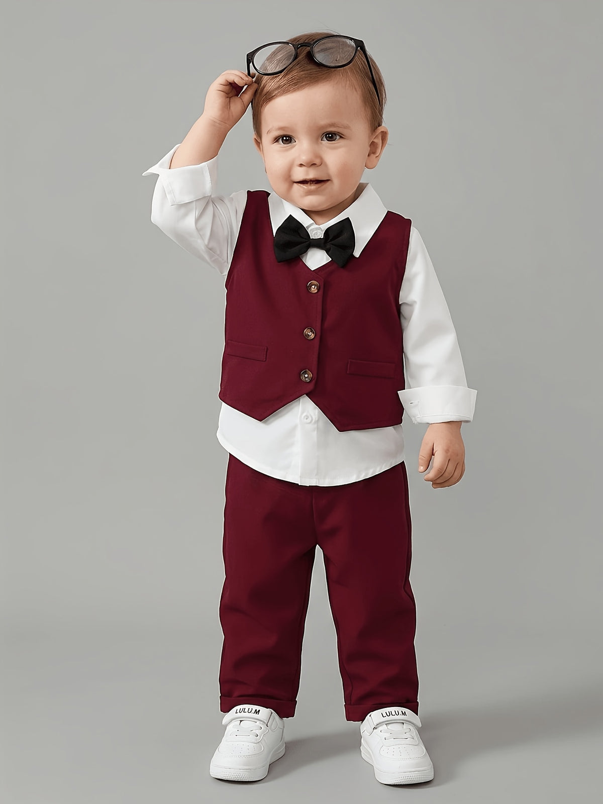 Baby Boy Spring/Autumn Woven Fashionable Trendy Casual Simple Vintage Party Vacation Gentleman Bow Tie Lapel Shirt Long Sleeve Vest and Trousers 3pcs Set