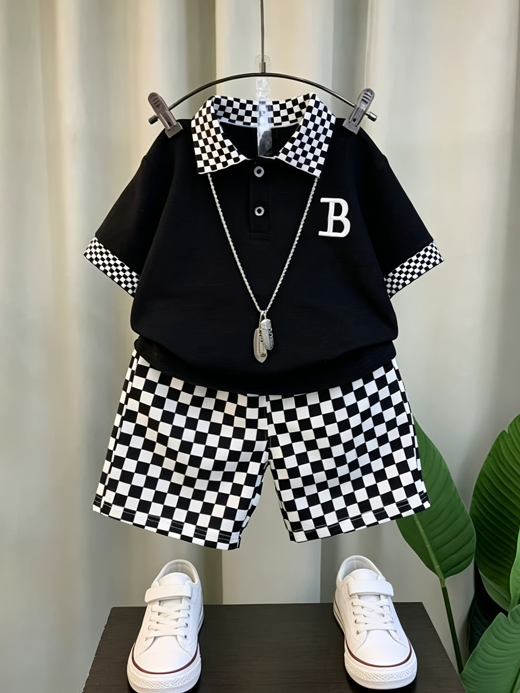 2Pcss Set of Baby/Boy Casual Outfit, Suitable for Spring Summer Boy 2Pcss Set, Solid Short Sleeve Polo Shirt And Elastic Checkered Shorts, Very Suitable for Outdoor Activities, Suitable For, Sports, Daily Wear, Outing