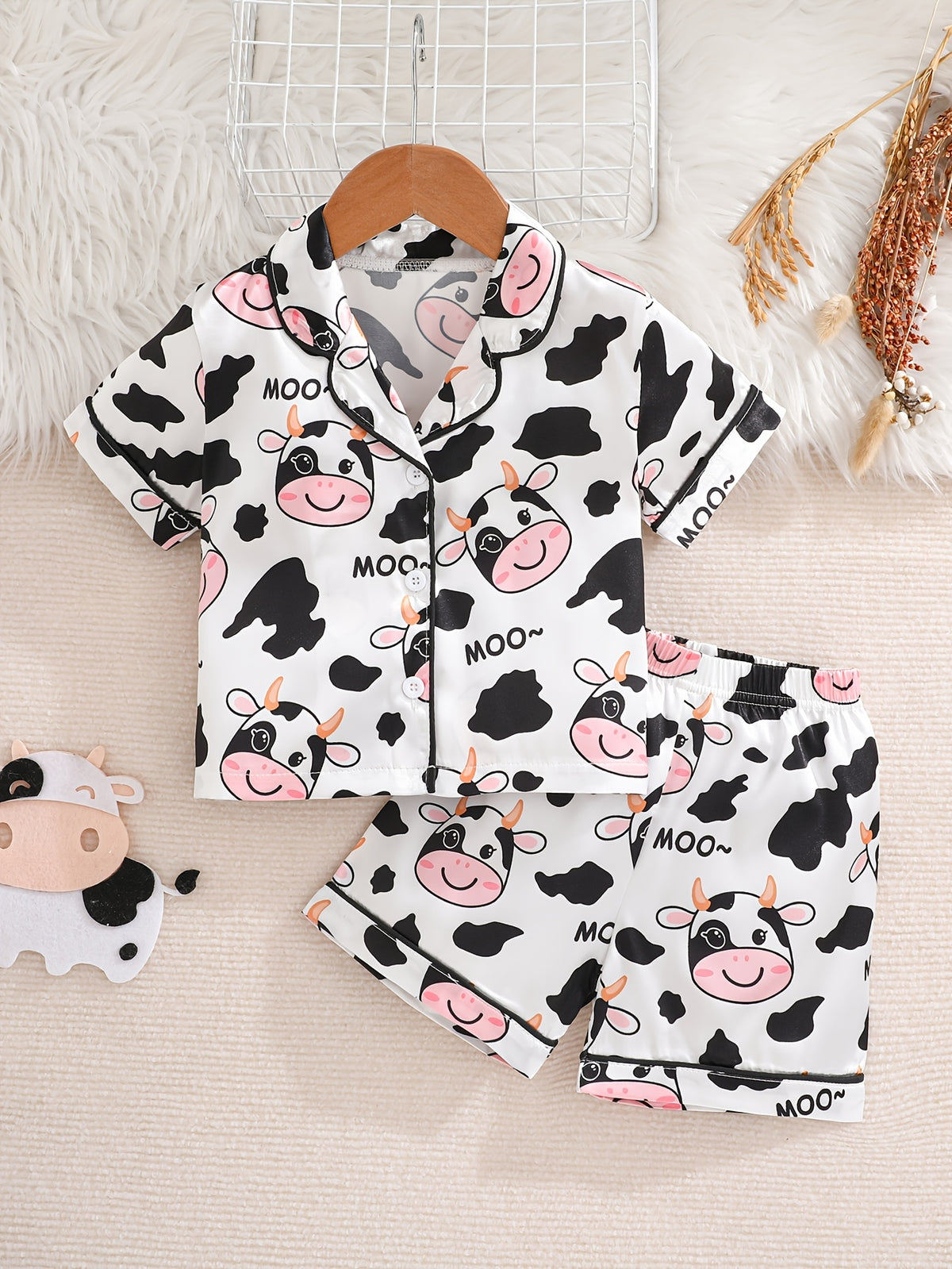 Baby Pajama Set With Cow Print And Flame-Resistant Fabric