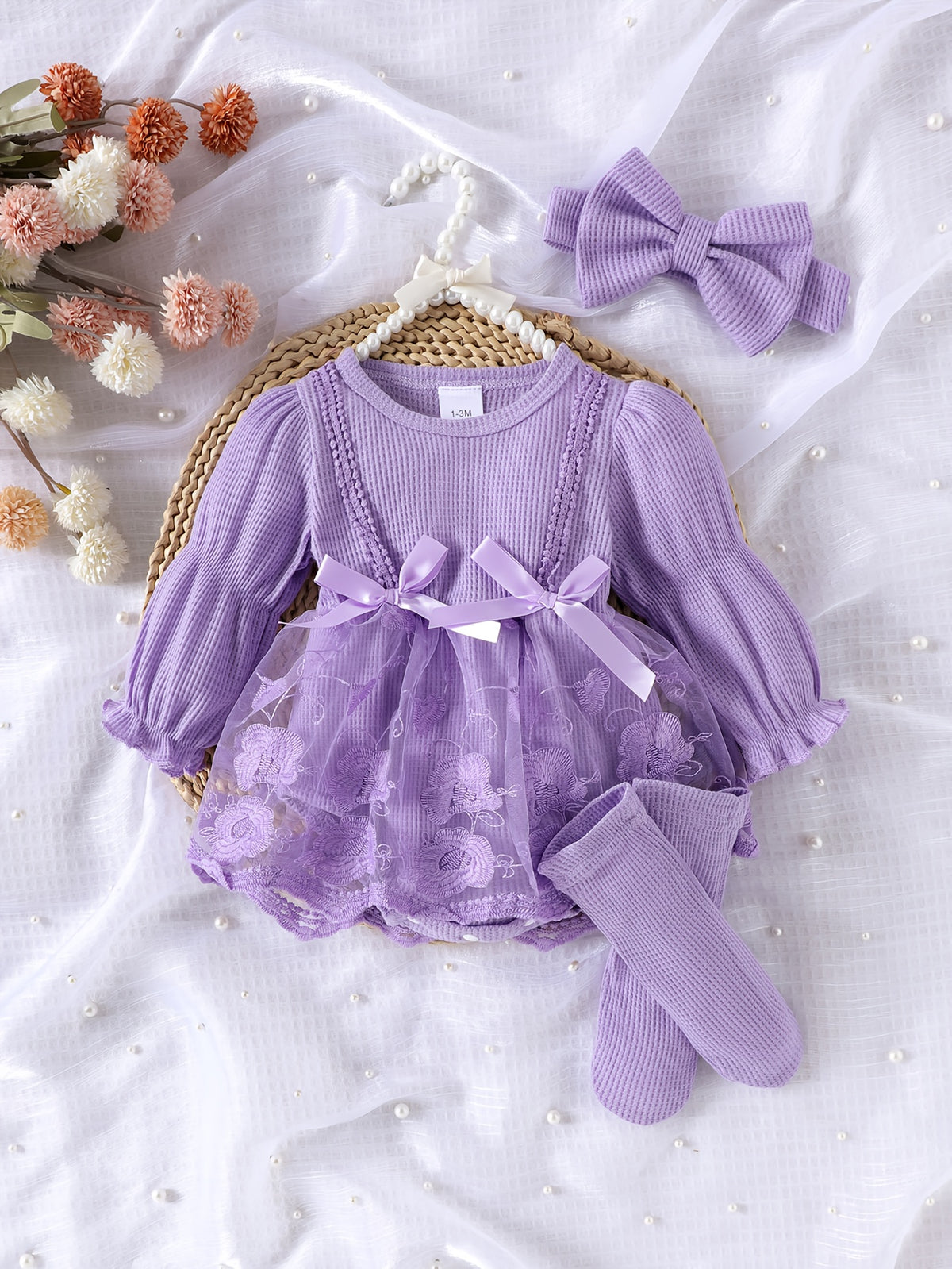 Baby Waffle Grid Bodysuit Set with Lantern Sleeves
