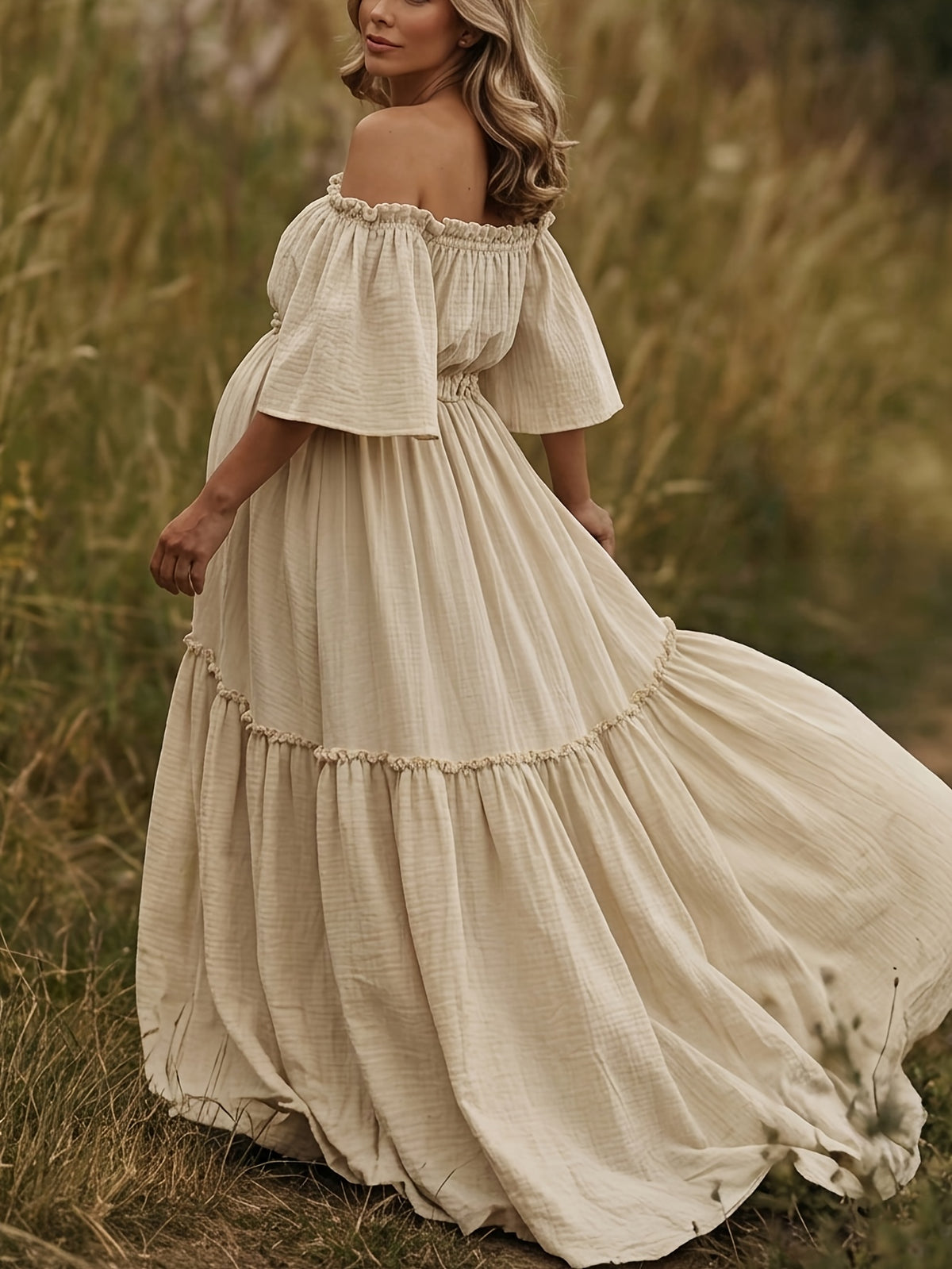 Maternity Off-Shoulder Maxi Dress Ruffled Tiered Flowing Long Gown with Train for Photoshoot Shower