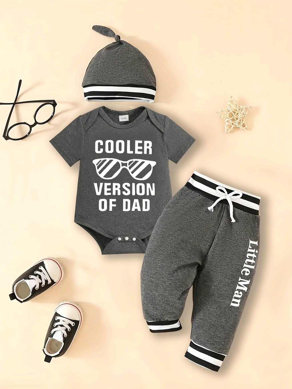 Boys' Three-Piece Set: Letter Print Short-Sleeve Romper & Hat & Striped Patch Letter Print Pants Fashionable Cute Outfit, Perfect for Outdoor