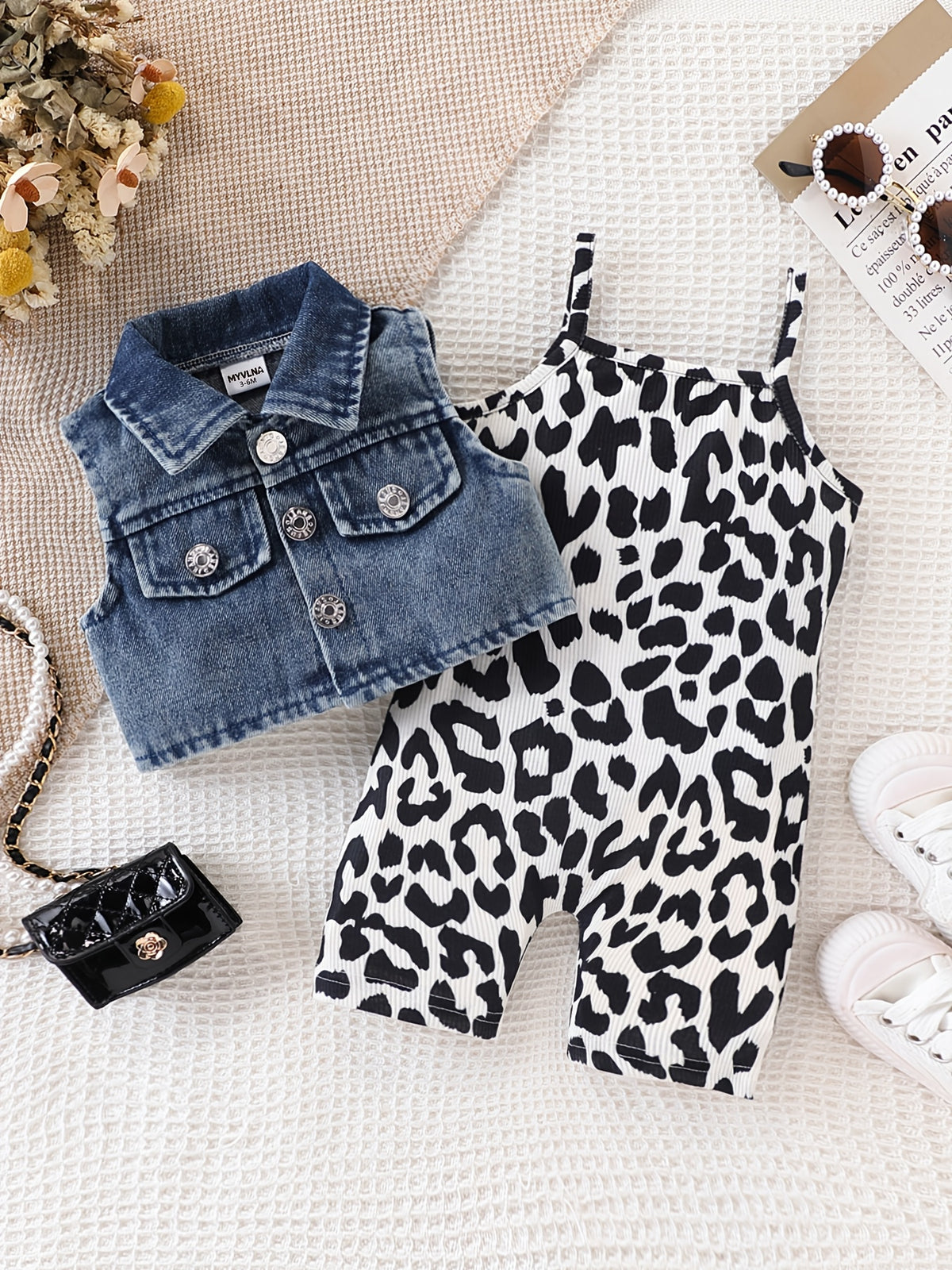Baby Denim Vest and Leopard Print Jumpsuit Set