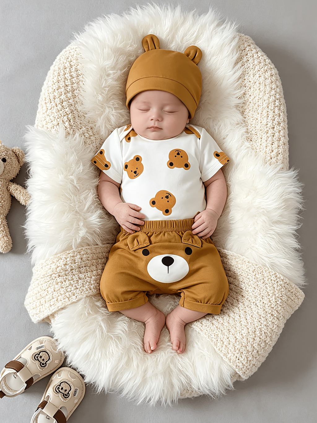 Newborn Baby Boy Summer Cute Bear Print Short-Sleeve Romper + Cartoon Print Shorts + Hat 3pcs Set, Suitable for Boys' Summer Wear, Comfortable Fabric, Perfect Gift Choice, Perfect for Outdoor