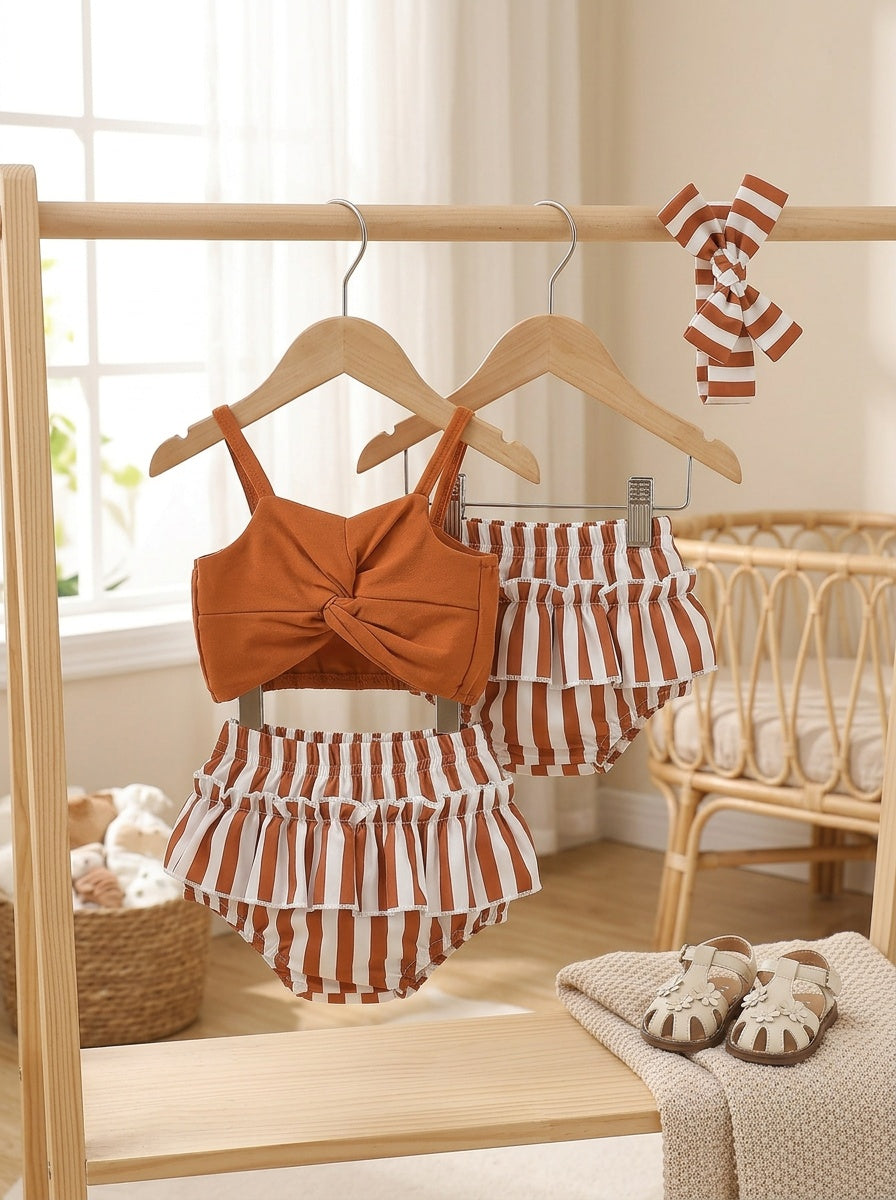 Girl's Solid Color Camisole Top and Striped Triangle Shorts Set, Perfect for Outdoor