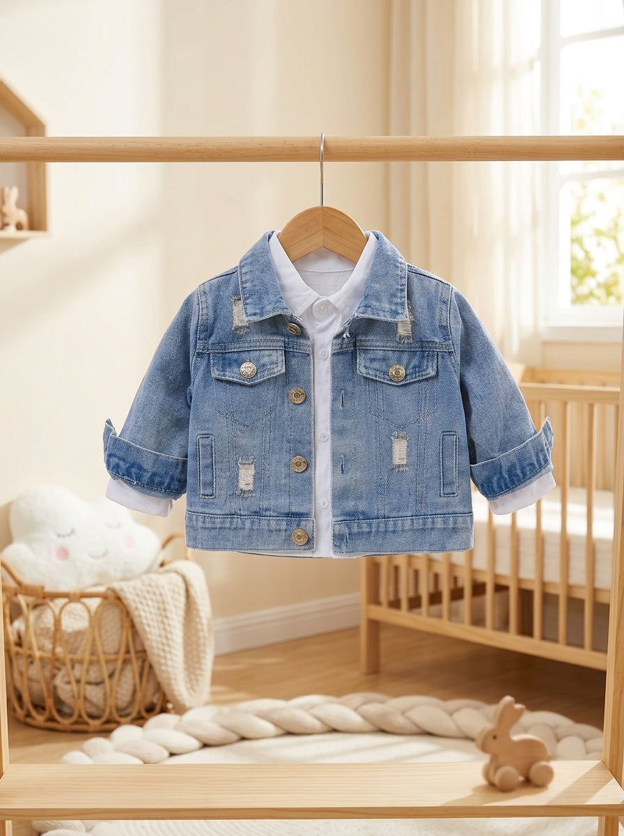Baby Boy Autumn And Winter Casual Long-Sleeved Light Faux Denim Jacket with English Letters on The Back, for Outdoor Activities, 1pc