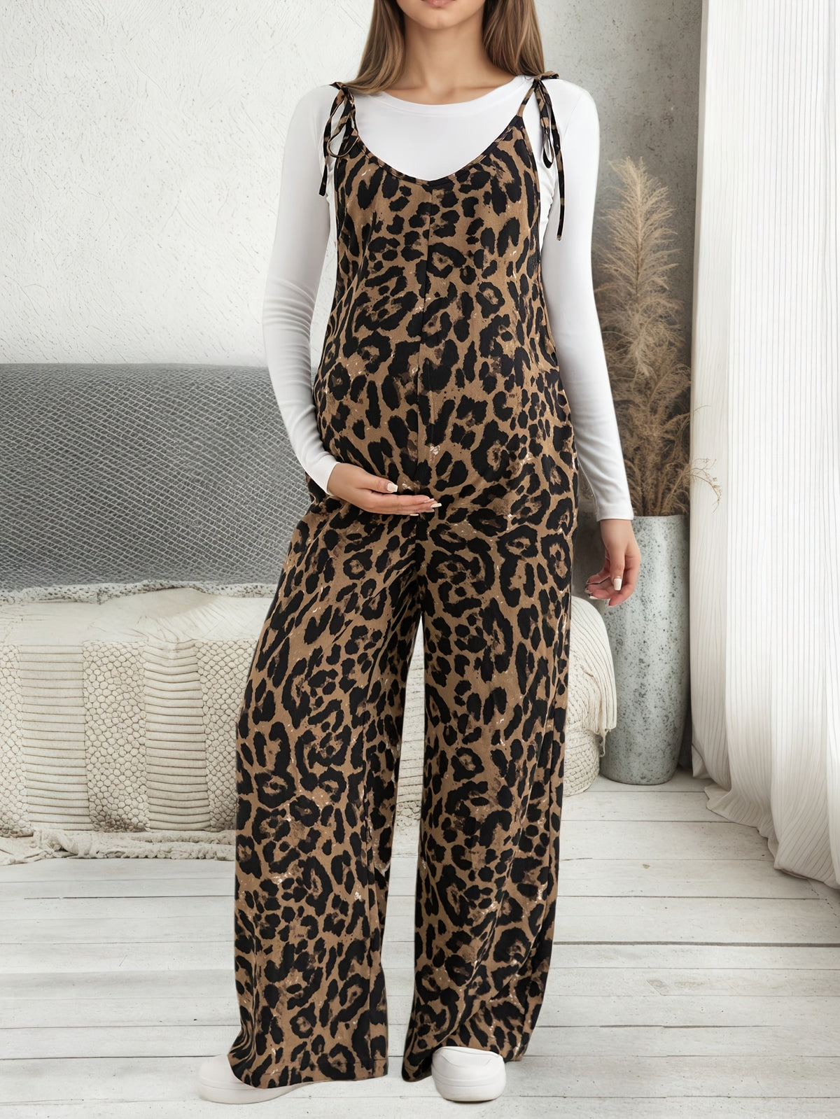Comfortable Casual Pregnant Jumpsuit, Leopard Print Overalls Wide-Leg Pants, Adjustable Straps, Loose Long Trousers, Casual Outing