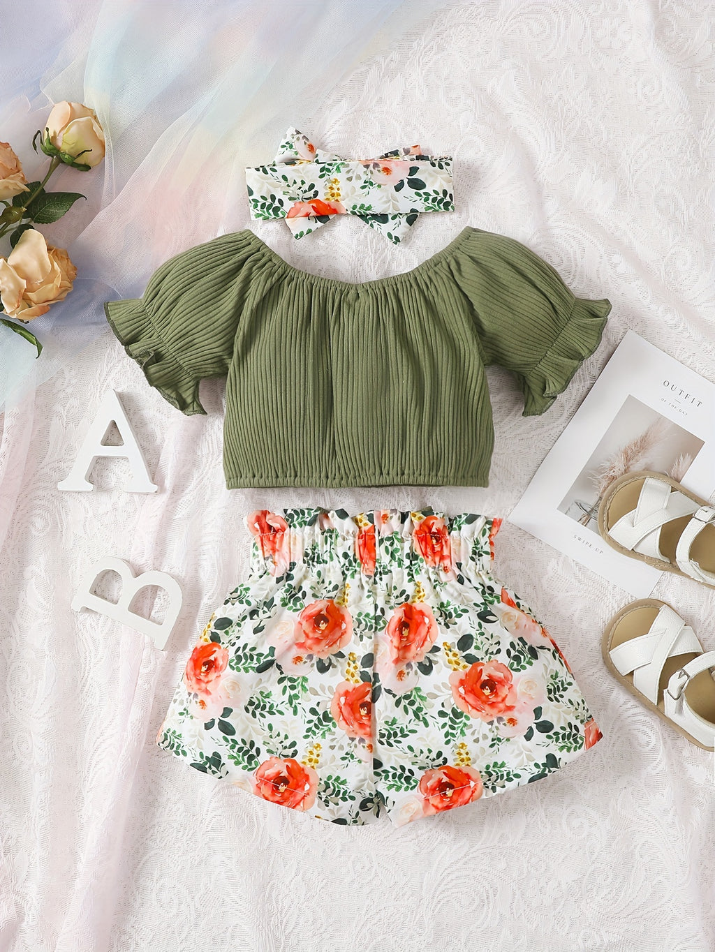 Girls' Pleated Top and Floral Print Shorts Set