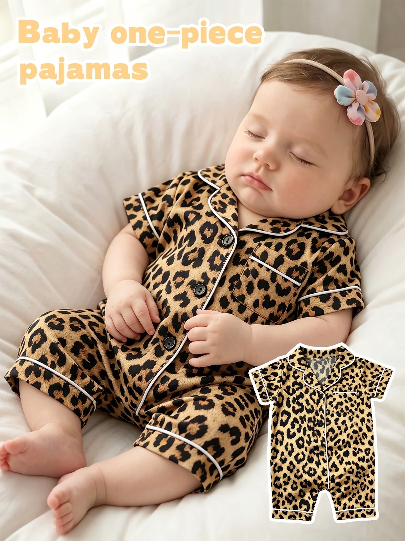 Baby Leopard Print Lapel Button Short Sleeve Romper