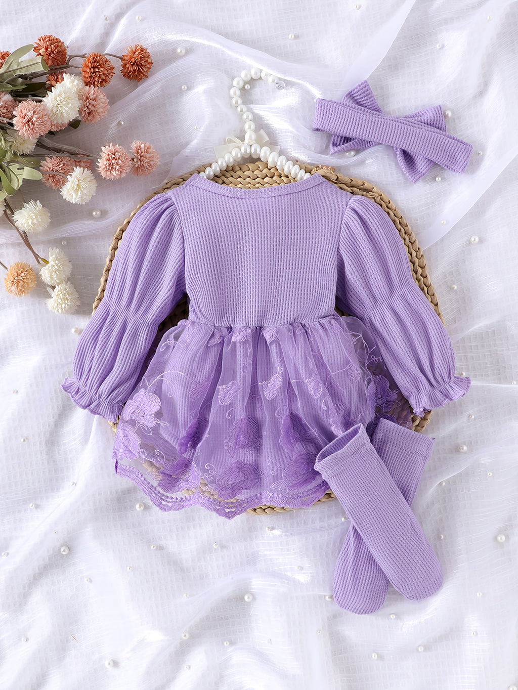 Baby Waffle Grid Bodysuit Set with Lantern Sleeves