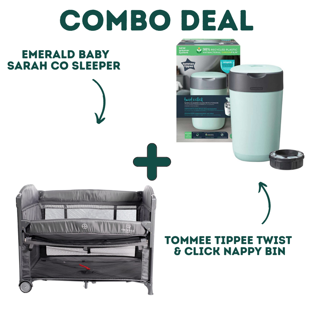 Emerald Baby Sarah Co Sleeper Camp Cot + Tommee Tippee Twist & Click Nappy Bin - Combo Deal