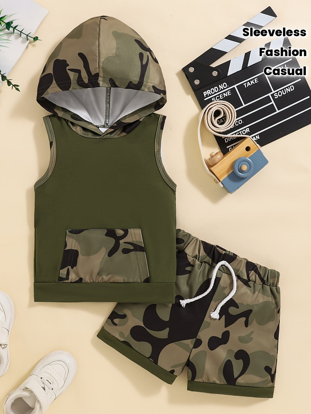 Boys summer handsome sleeveless hooded sports vest and shorts camouflage set casual fashion two-piece set